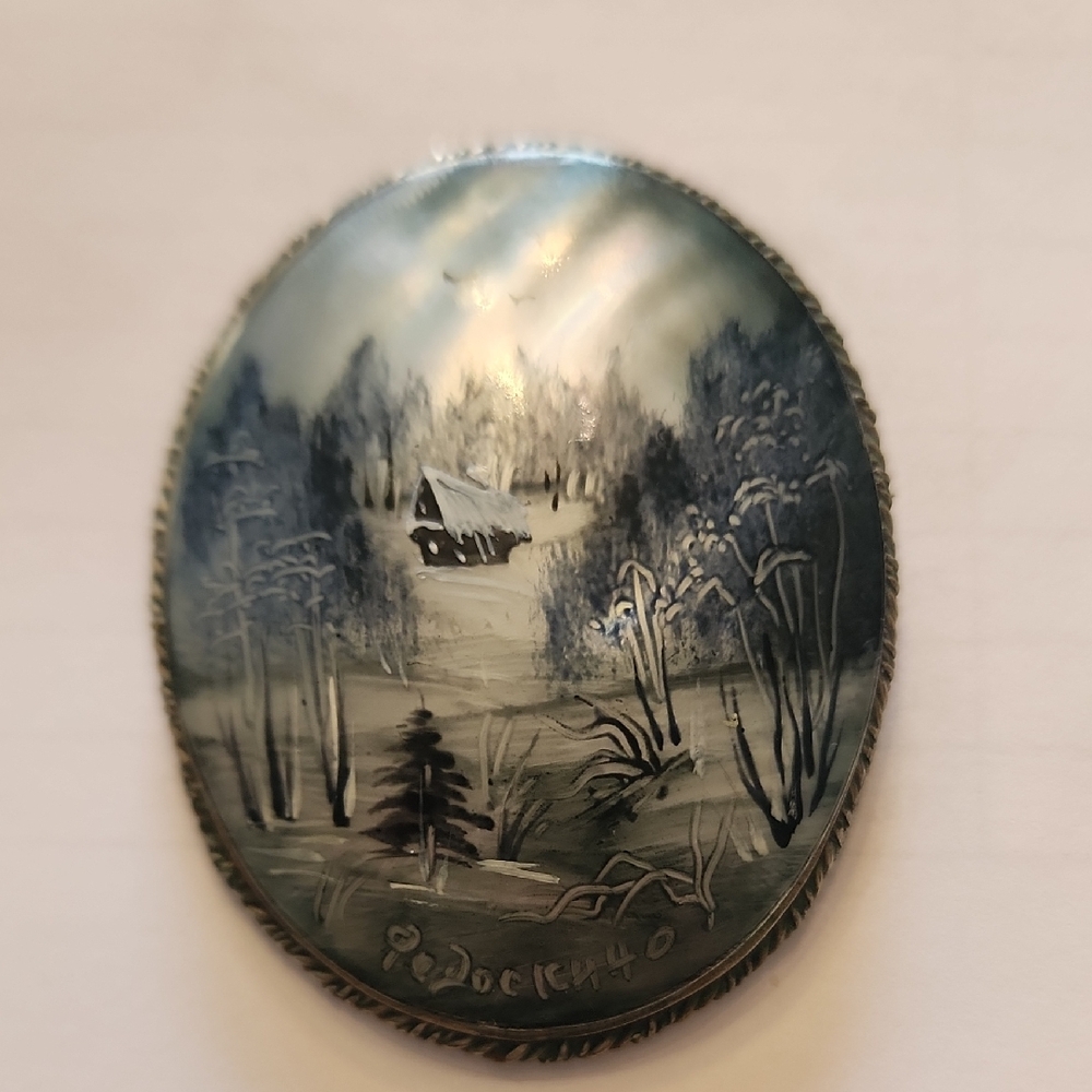 Scenic Oval Brooch with Winter Landscape